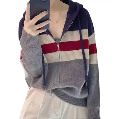 Autumn and Winter 2023 Top Knitted Cardigan Women's Striped Color-matching Zipper Drawstring Hooded Casual Slim Sweater Coat