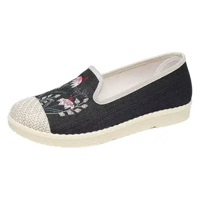 Women's Black Canvas Slip-On Shoes with Floral Embroidery
