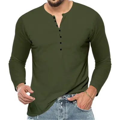 Men Grey Button V-Neck Long Sleeve T-Shirt