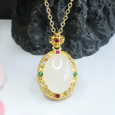 Guan Yu White Jade Pendant Necklace with Red Green Stones