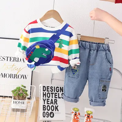 Children's Striped T-Shirt with Blue Backpack Set