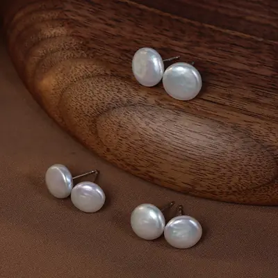 Natural Freshwater Pearl Button Earrings S925 Silver