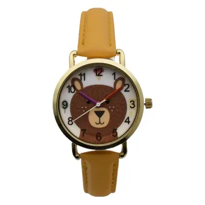 Cartoon Bear Quartz Watch for Kids Brown Leather Band