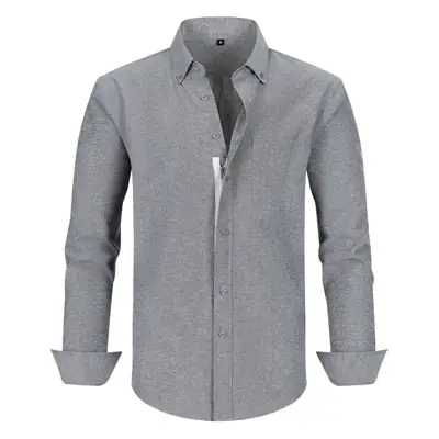 Men's Blue Oxford Zipper Shirt Long Sleeve Business Casual