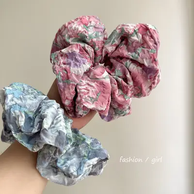 2023 New French Romantic Pink Floral Large Intestine Hair Ring Female Mori High-end Feeling Large Meatball Head