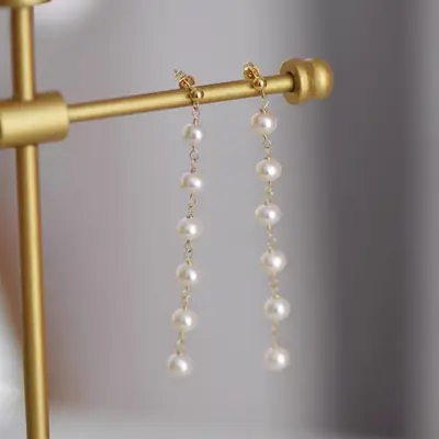 Natural Pearl Long Earrings Gold Plated Women