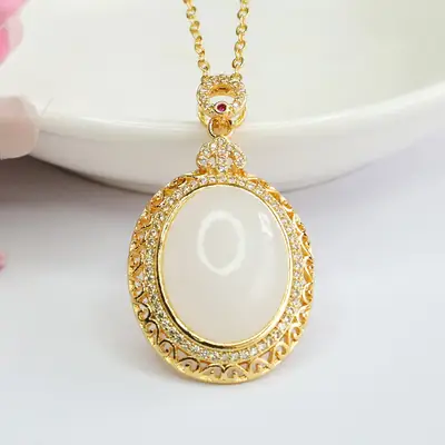 White Jade Pendant Necklace with Gold Plated Design