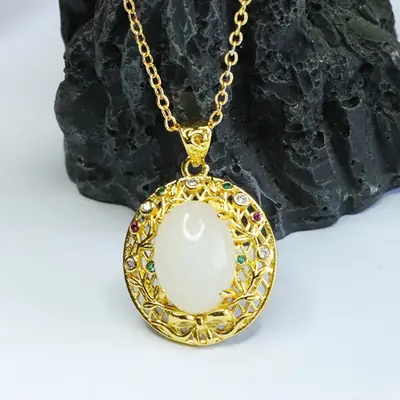White Jade Pendant Necklace Gold Plated Vintage