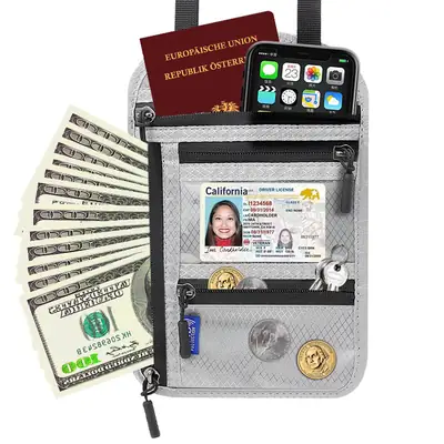 Blue RFID Shoulder Passport Bag with Clear Pocket