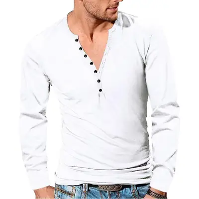 European Men's Button V-Neck Long Sleeve T-Shirt
