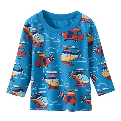 2024 Boys Cotton Long Sleeve T-Shirt Blue Cartoon Print