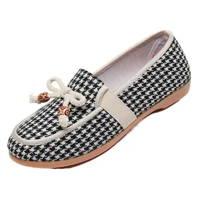 Women's New Bow Slip-on Shoes Black White Houndstooth