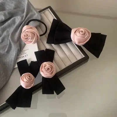 Japanese Style Black Pink Rose Hair Clips for Girls