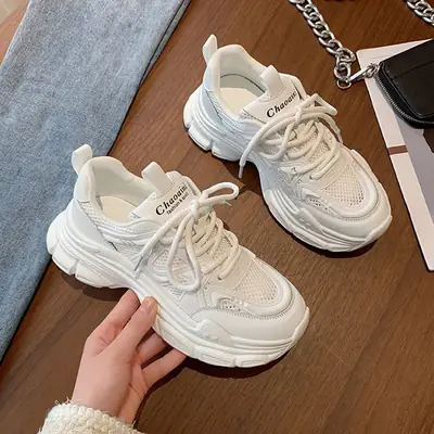Women White Mesh Thick Sole Summer Shoes