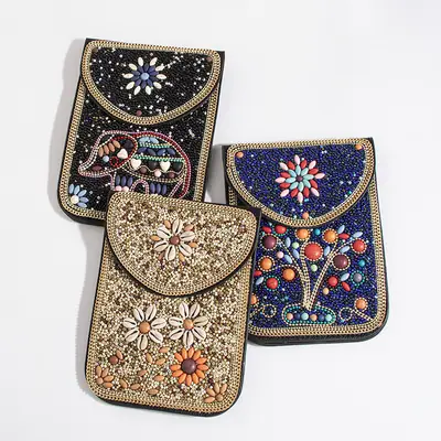 New Heavy Industry Bohemian Style Rice Beads Shell Flowers Exquisite PU Travel Shoulder Crossbody Magnetic Buckle Women's Bag