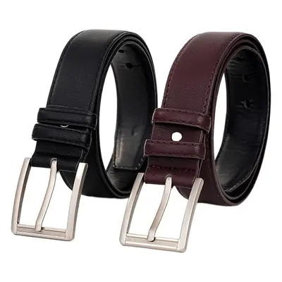Men's Faux Leather Belt Black Brown Silver Buckle