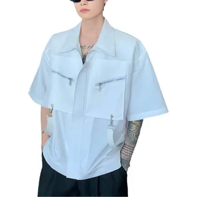 Men's Black Metal Zipper Short Sleeve Shirt