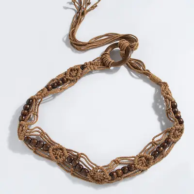 Bohemian Wood Knot Belt with Wax Rope & Wooden Beads
