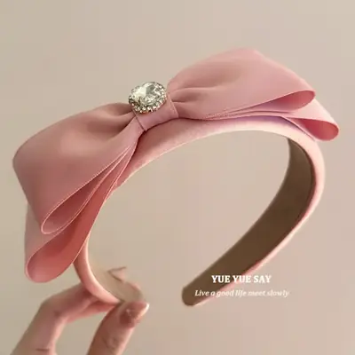 Black Satin Bow Headband with Zircon Heart Design