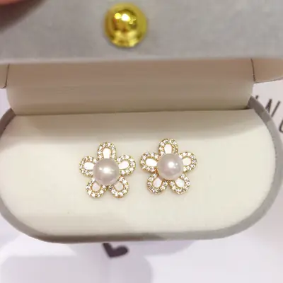 Flower Pearl Earrings 18K Gold Women S925 Sterling Silver