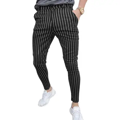Men Striped Ankle Pants Slim Fit Casual Summer