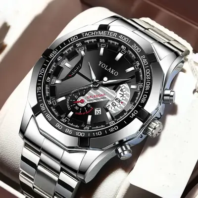 Men's Gold Chronograph Watch with Large Black Dial