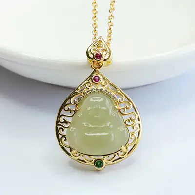 Guan Yu Jade Buddha Necklace Clear Water Maitreya