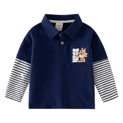 Kids Polo Shirt Navy Blue Long Sleeve Cartoon Print