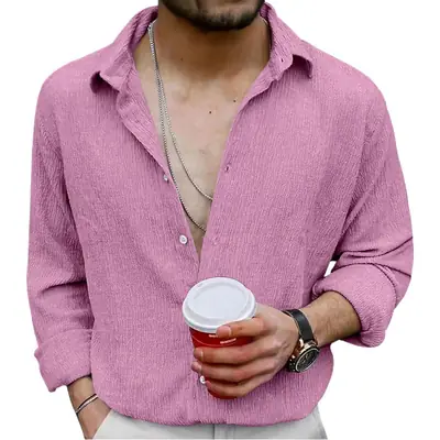 2025 Men's Long Sleeve Lapel Shirt Teal Pure Color