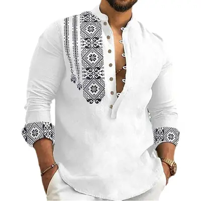 Men's White Embroidered Long Sleeve Collar Shirt