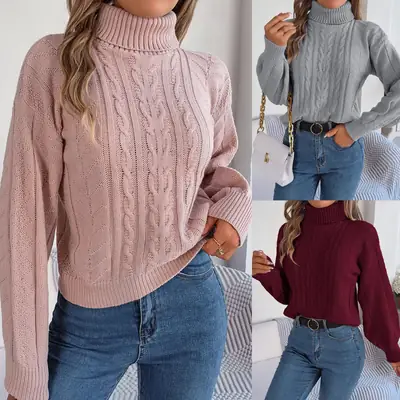 Women's Grey Twist Turtleneck Knitted Sweater
