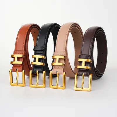 Women's Black Leather Belt with Gold H Buckle Small Size