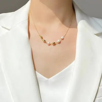Japanese Korean Style Pearl Necklace 14K Gold Bean Chain