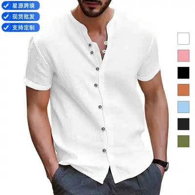 Men's Green Button Cotton Linen Short Sleeve Shirt