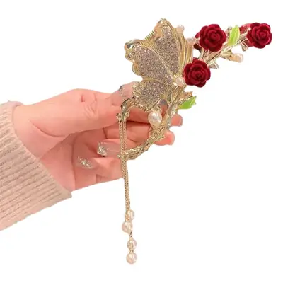 Pink Pearl Hair Clip with Gold Tassels