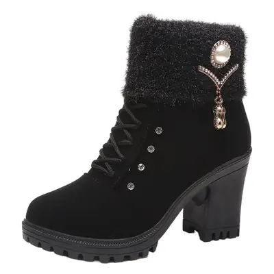 Fall/winter 2023 velvet warm women's cotton shoes high heel comfortable metal buckle side zipper Martin boots fur short boots