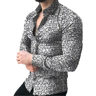 2023 Men's Printed Long Sleeve Shirt Black White Floral Slim Fit