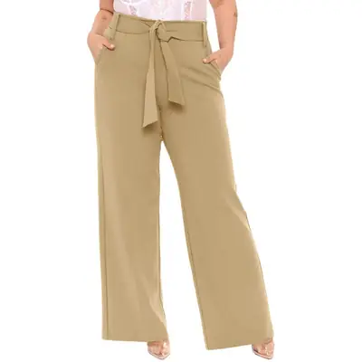 Women Wide Leg Pants Brown Belted Plus Size