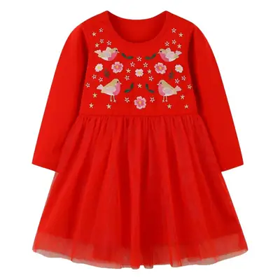 Red Wind Mesh Embroidered Girls Dress for Children