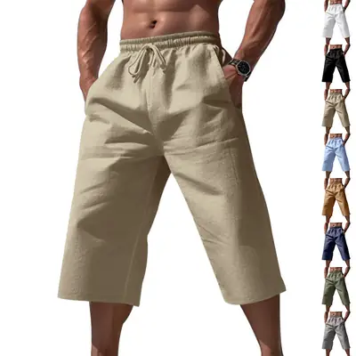 Men Linen Capri Pants Light Blue Summer Loose Fit