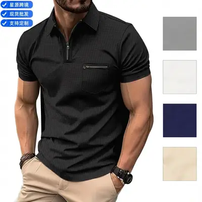 Men's Black T-Shirt Polo Pocket Pull Up Lapel Shirt