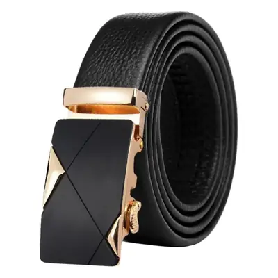 Men's Black Leather Belt with Gold-tone Automatic Buckle