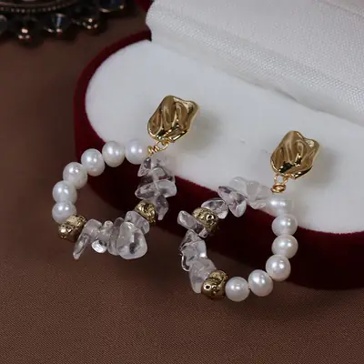 Vintage Baroque Pearl Earrings Crystal Love Copper Gold Plated
