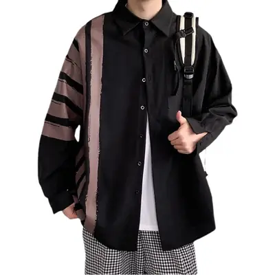 Men Long Sleeve Shirt White Green Stripes Loose Fit