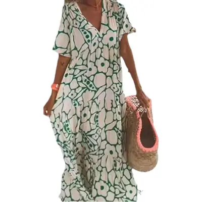 2023 Printed V-Neck Long Dress Women Black White