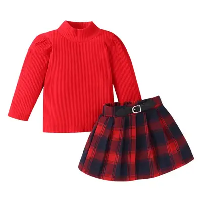 Red Plaid Long Sleeve Top with Fake Belt for Girls