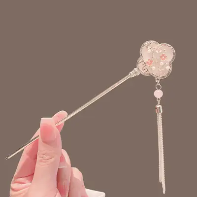 Modern Plum Blossom Tassel Hairpin with Sparkle Design