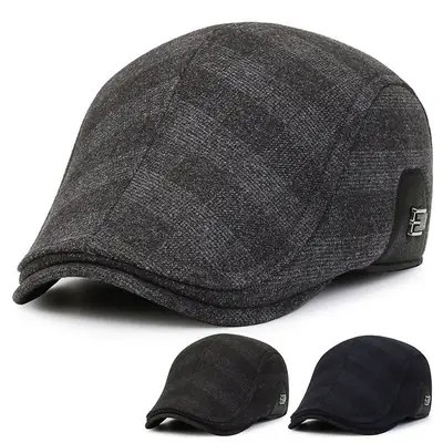 Men's Grey Plaid Winter Ear Protection Hat