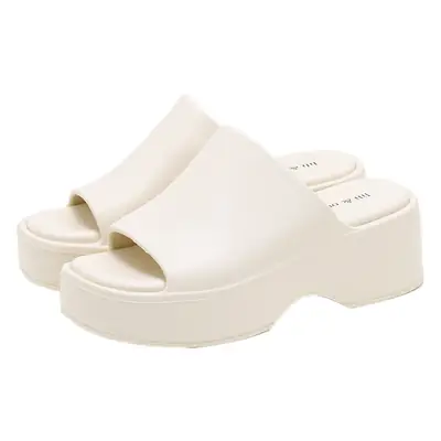 Women's White Eva Wedge Slippers with Black Heel