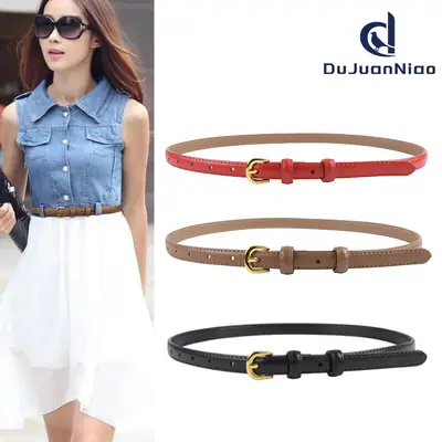 Women's Red Genuine Leather Belt with Gold Buckle